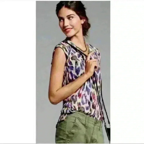 CAbi Plume Feather Print Cap Sleeve V-Neck Sheer Blouse Colorful Abstract Top - Picture 1 of 10